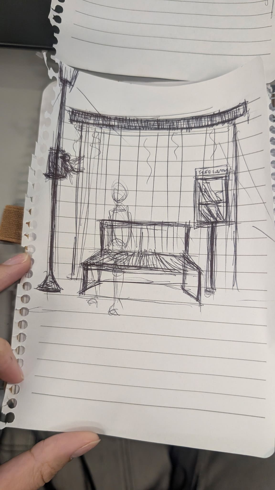 Sketch showing a bench with a heated shelter added for comfort along the trail.