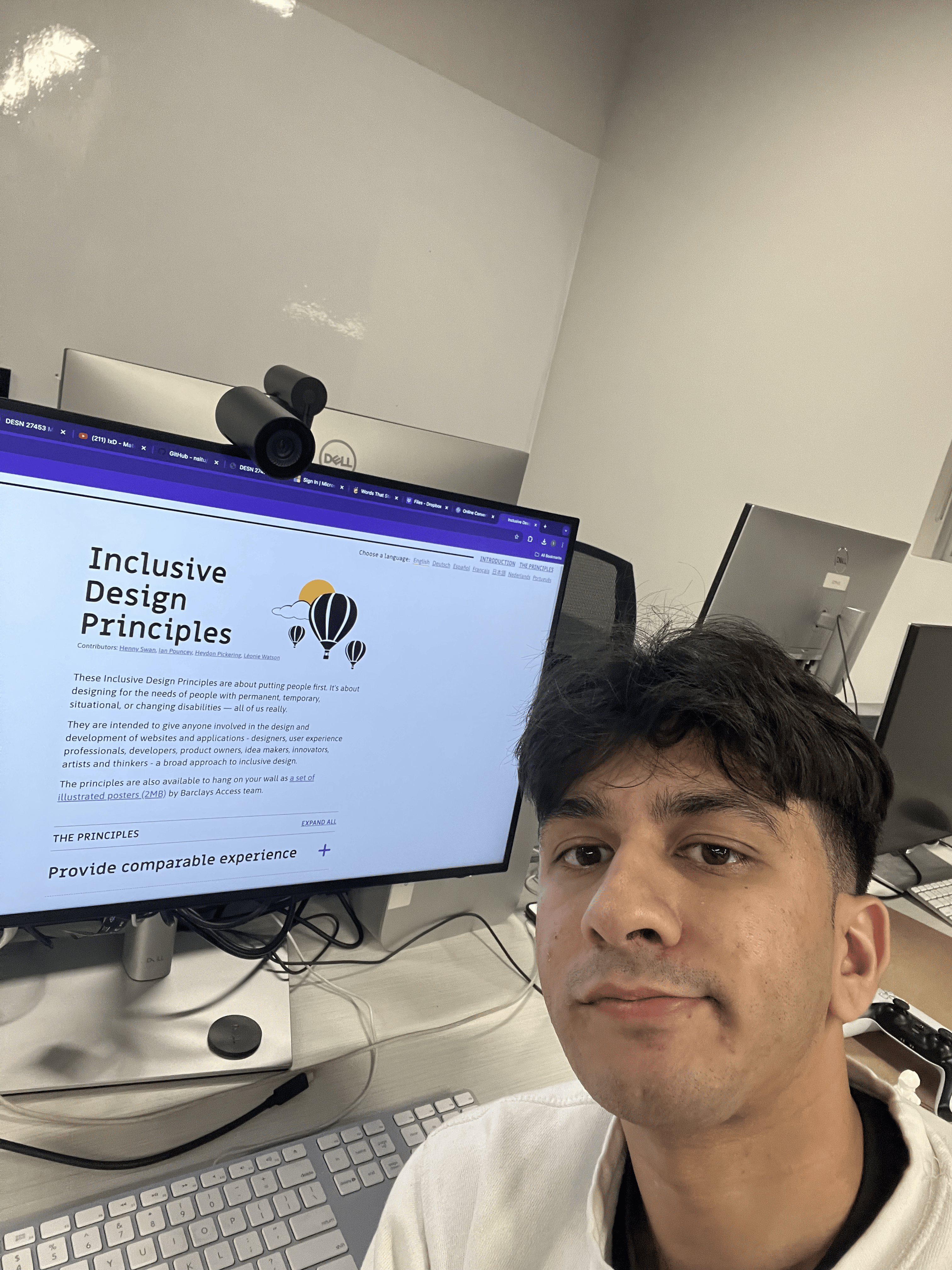 In this selfie, I’m reading about inclusive design principles and learning how thoughtful design can reduce barriers and make everyday experiences accessible for everyone.